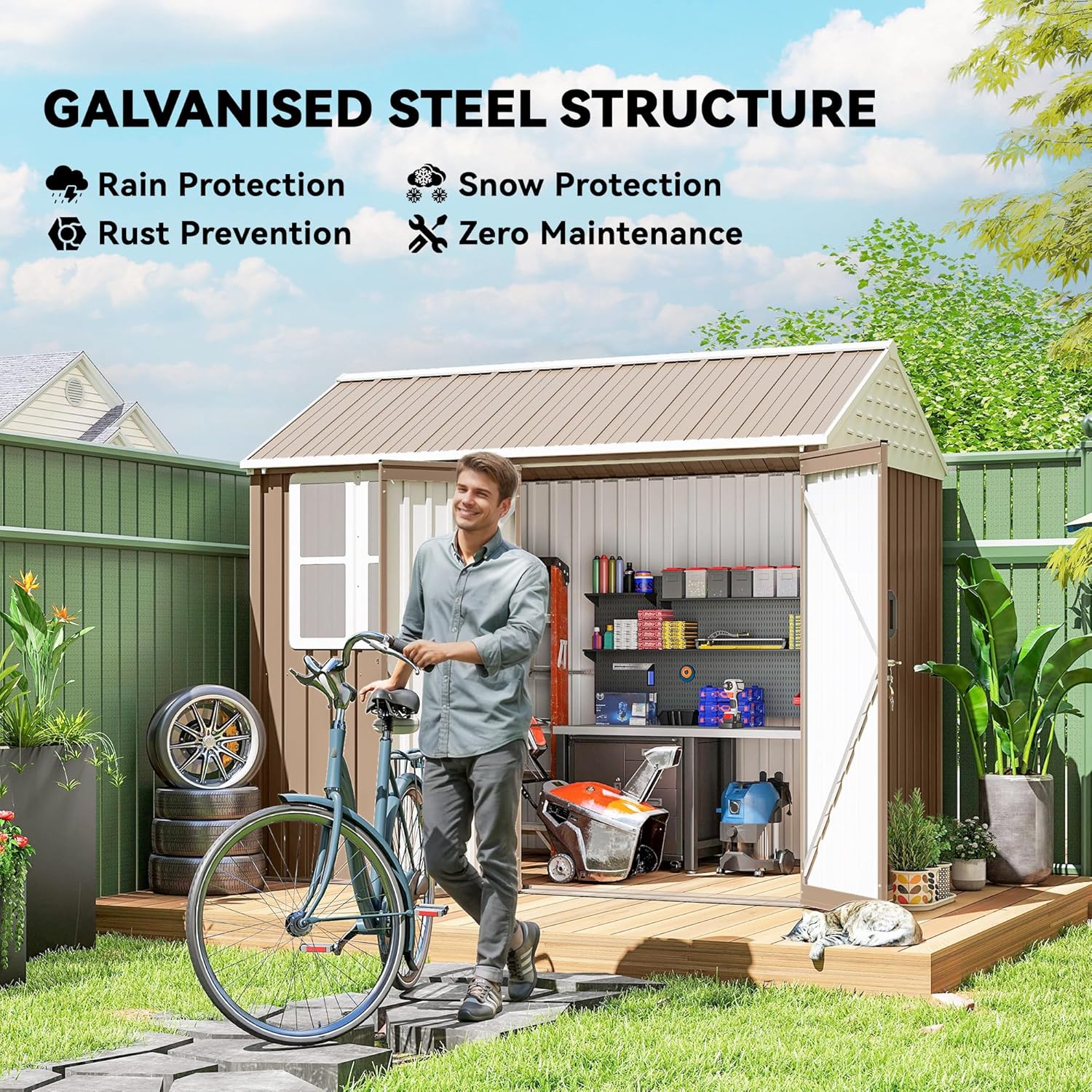 Outsunny 8' x 6' Outdoor Storage Shed, Metal Garden Shed with Window & Double Lockable Door, Outdoor Tool Shed Storage with Sloped Roof for Backyard, Patio, Garage, Lawn, Brown