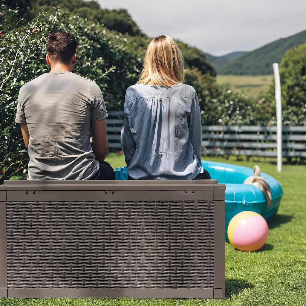 GUNJI 100 Gallon Resin Deck Box with Cushion,Outdoor Weatherproof Large Storage Box,Lockable Storage Container for Patio Furniture,Garden Tools,Pool Supplies (Brown)