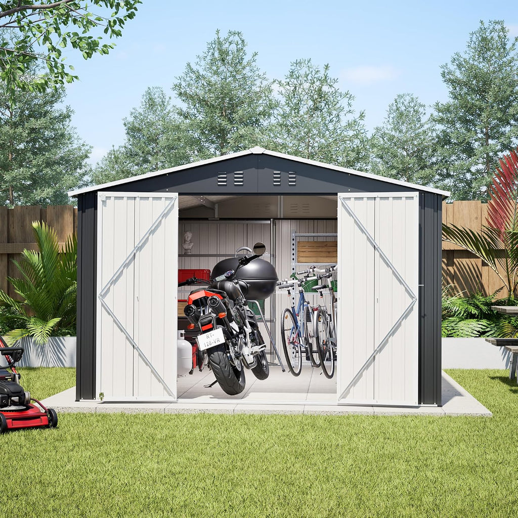 YOPTO 10x12 FT Outdoor Storage Shed,Metal Shed W/Updated Frame Structure,Garden Shed W/Lockable Door,2 Air Vents & Sloped Roof,for Backyard,Patio,Lawn,Black