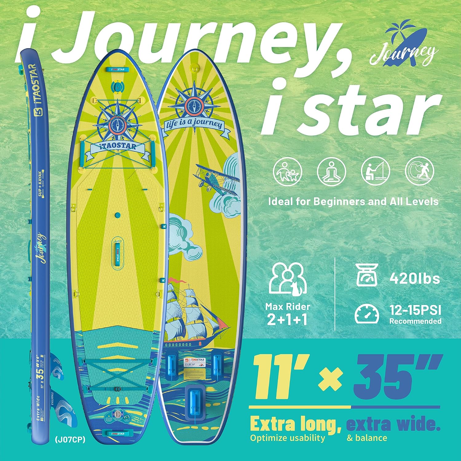 iTAOSTAR Journey 11'6' / 11'×34' / 11'×35' Extra Wide Paddle Board, One-Stop Premium SUP Board Accessories, Tailored Fins, Stable Inflatable Stand Up Paddle Boards for Youth/Adults of All Skill Levels