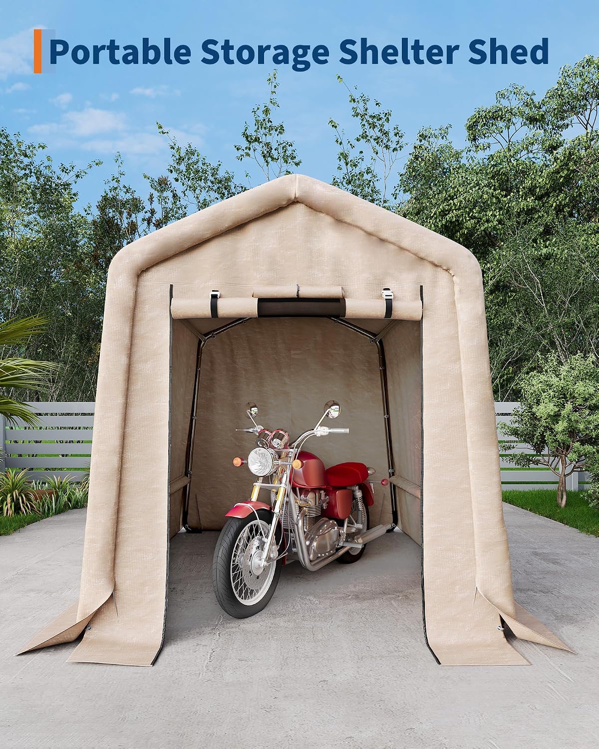 6x6FT Outdoor Portable Storage Shed with Roll-Up Door & Vent, 240G Heavy-Duty Shelter Waterproof PE Tarp, UV-Resistant Storage Sheds for Motorcycle, Firewood, Garden and Tools, Gray (Khaki, 6x6FT)