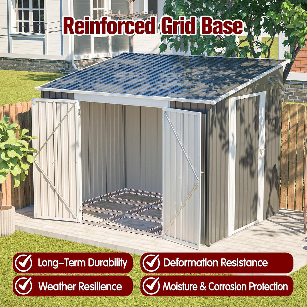 8x6FT Lean to Shed with Floor Frame, Metal Outdoor Storage Shed with Two Separate Doors for Garden Backyard Patio, Large Tool Shed for Bicycle&Lawn Mower Storage
