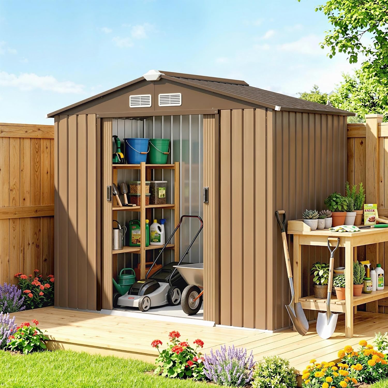 Outsunny 7' x 4' Outdoor Storage Shed, Garden Tool Metal Shed with Foundation Kit, Double Lockable Door, Air Vents and Sloping Roof, for Backyard, Patio, Lawn, Yellow