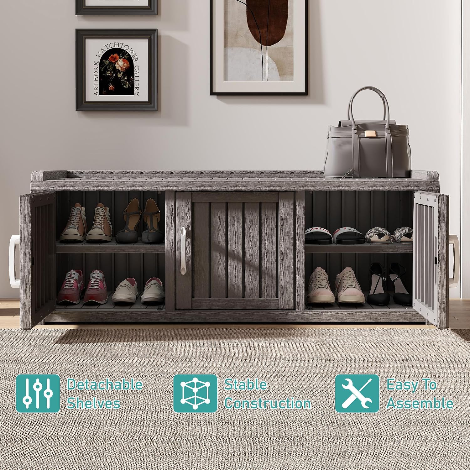 NUNU LAB Shoe Storage Cabinet, Waterproof Shoe Organizer with Adjustable Shelves, UV-Resistant Entryway Shoe Cabinet Bench with 3 Barn Doors for Indoor Outdoor, Foyer, Hallway, Living Room,Grey