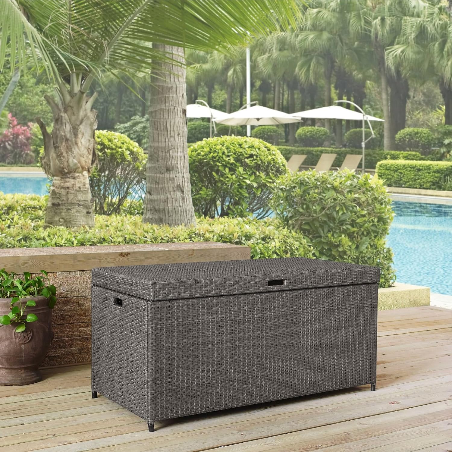 Crosley Furniture Palm Harbor Wicker Outdoor Storage Box for Patio Furniture Cushions and Pool Floats, Gray