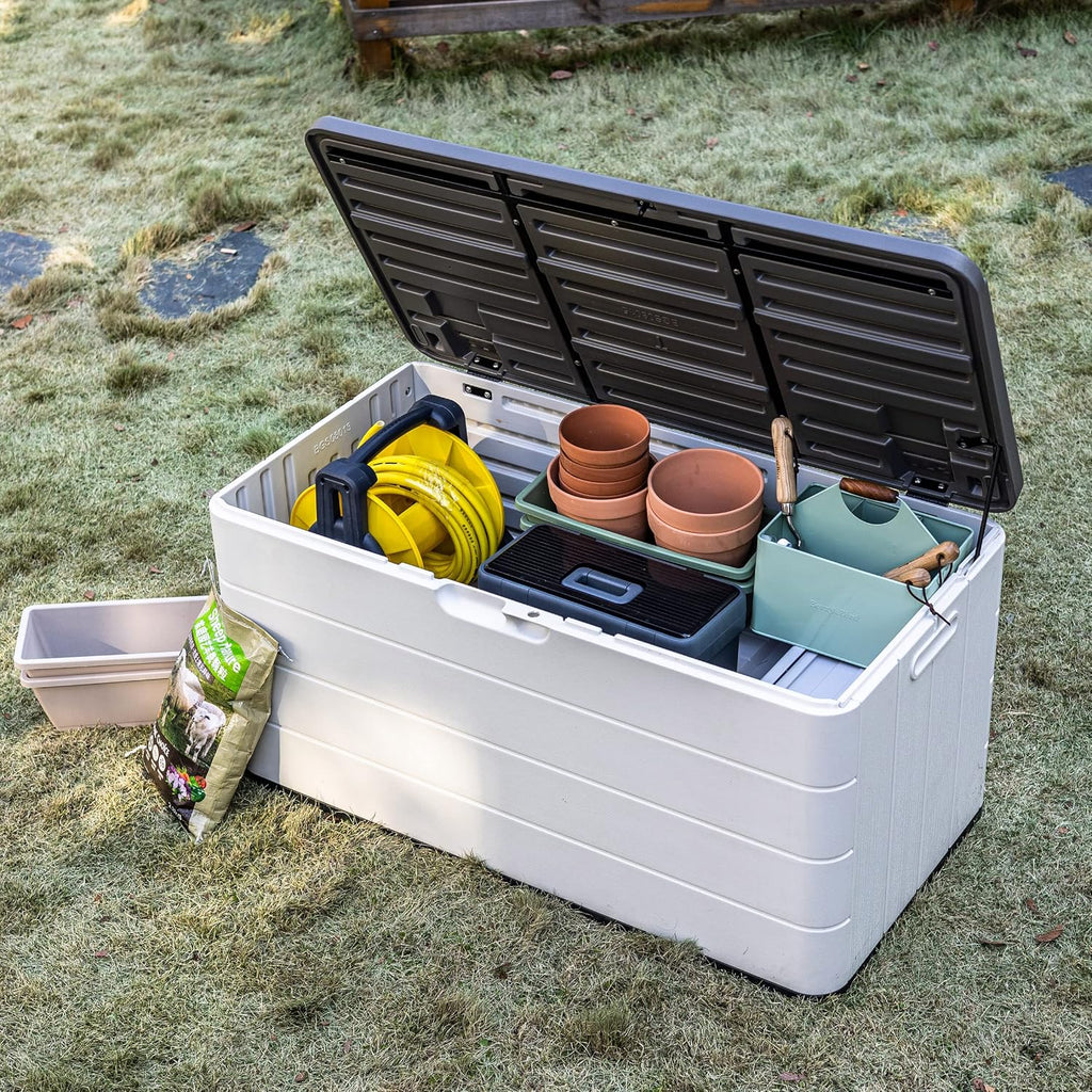Mrosaa 110 Gallon Outdoor Deck Box, Outside Storage Box Waterproof for Cushion Storage, Garden Tools, Lockable Outdoor Storage Bin, Light Beige