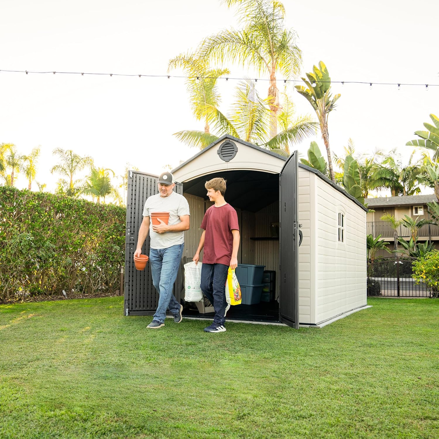 Lifetime Outdoor Storage Shed, 8x15 Ft, Desert Sand, Resin Backyard Tool Shed with Lockable Doors and Weather-Resistant Panels