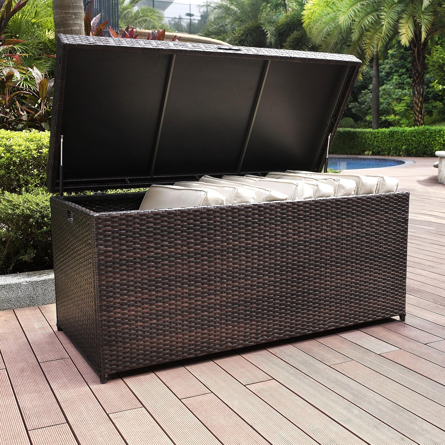 Crosley Furniture Palm Harbor Wicker Outdoor Storage Box for Patio Furniture Cushions and Pool Floats, Brown