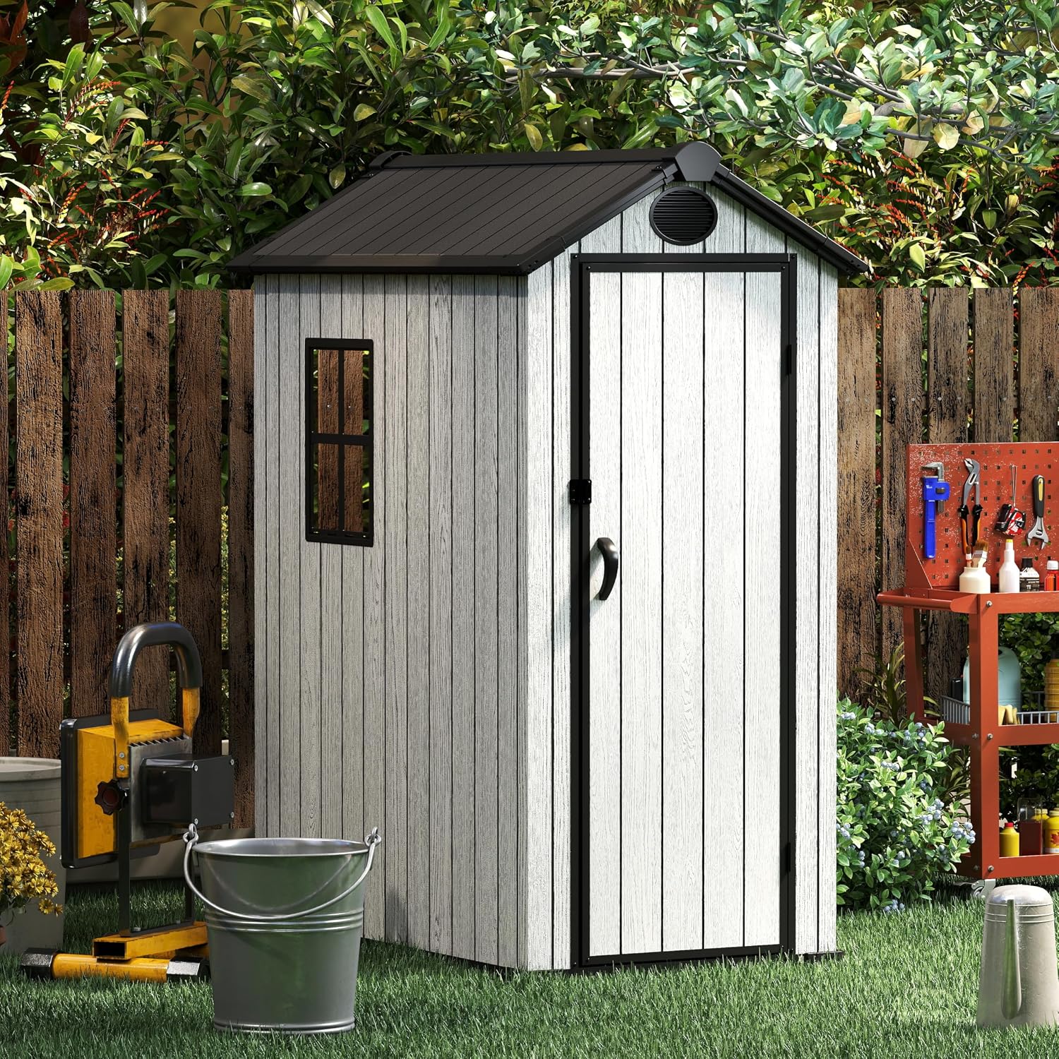 ZYJOYY 3x5 FT Outdoor Storage Shed Resin Garden Tool Shed with Lockable Doors & Slooping Roof, Plastic Shed with Floor for Garden, Backyard, Patio, Grey