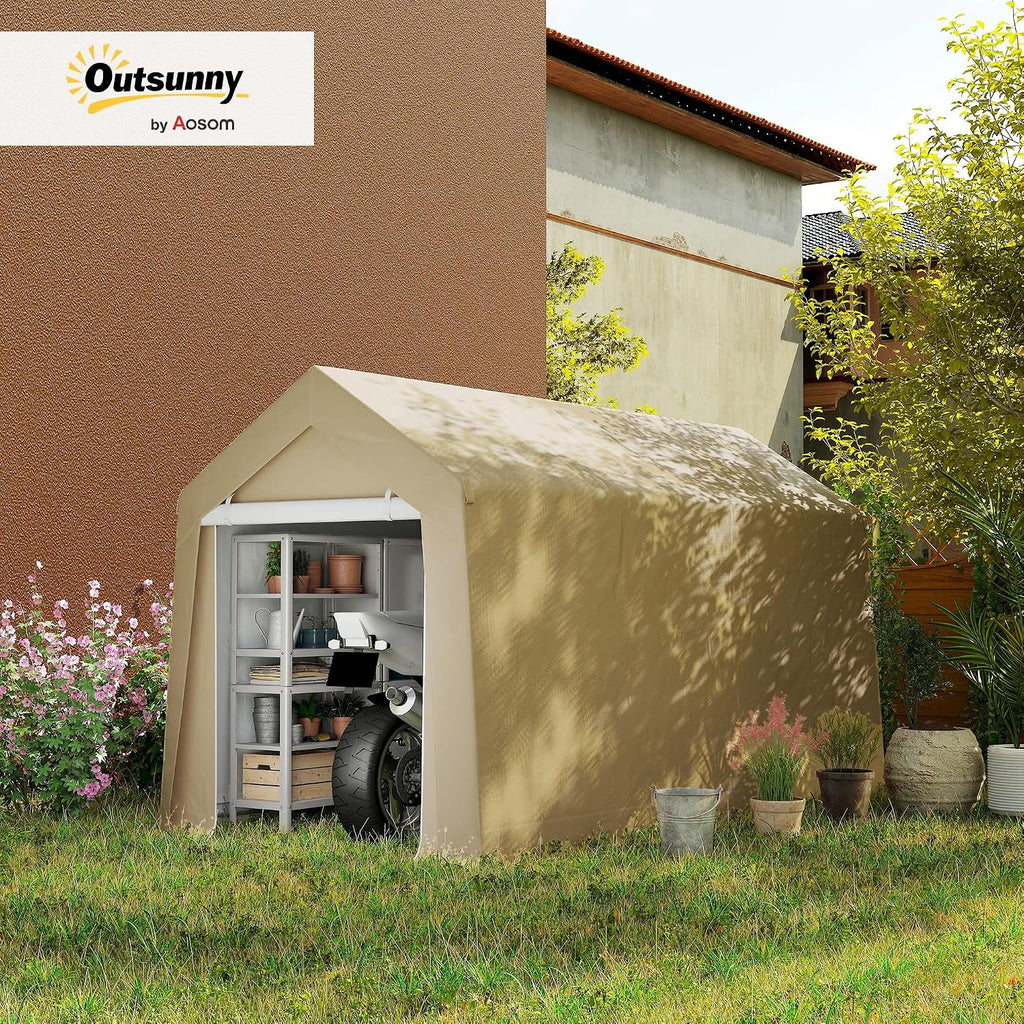 Outsunny 7' x 12' Portable Storage Shed Shelter, Heavy Duty Outdoor Shed, Waterproof Garden Storage Tent with Ventilation Window and Roll-up Zipper Door for Bike, Motorcycle, Garden Tools, Beige