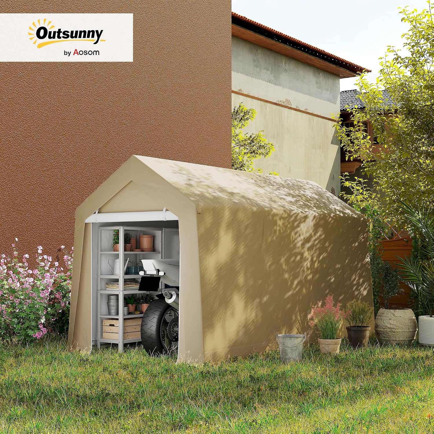 Outsunny 7' x 12' Portable Storage Shed Shelter, Heavy Duty Outdoor Shed, Waterproof Garden Storage Tent with Ventilation Window and Roll-up Zipper Door for Bike, Motorcycle, Garden Tools, Beige