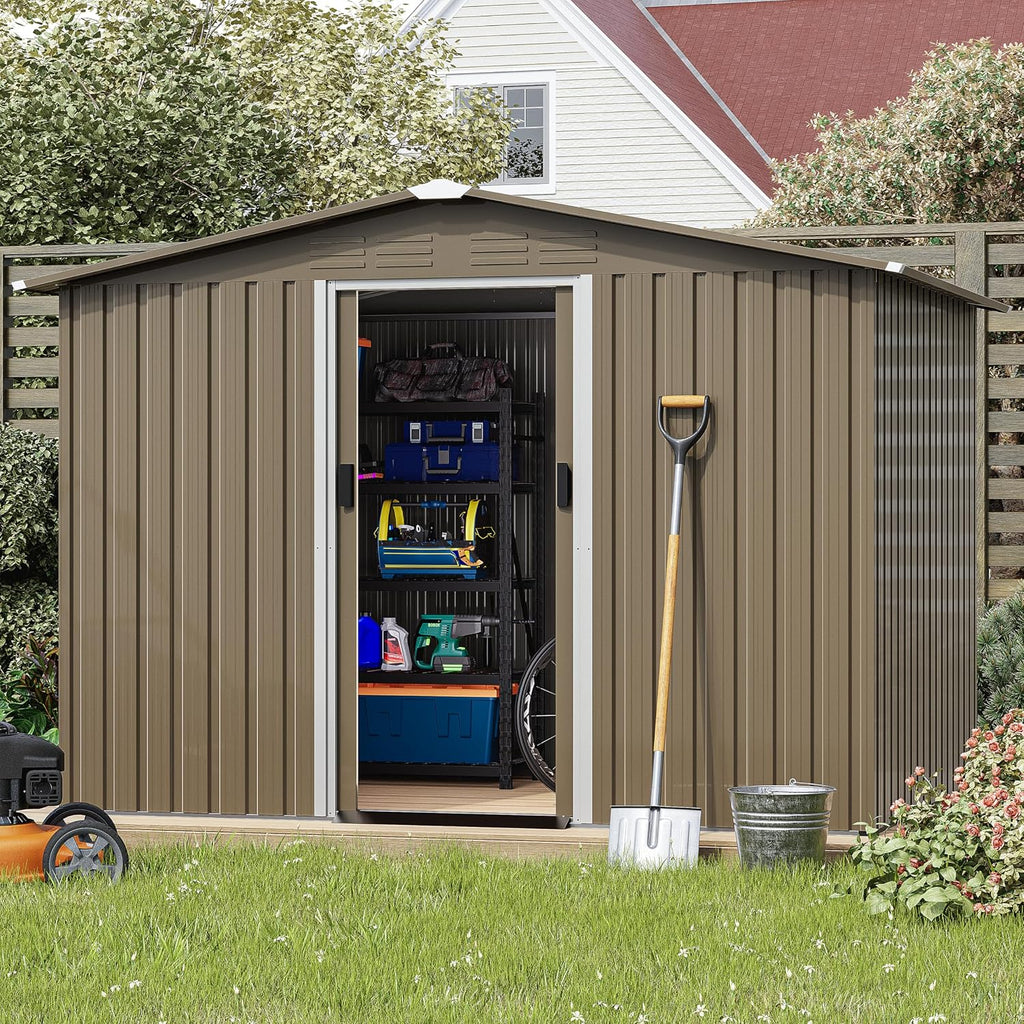 Kurapika 8×6 FT Metal Outdoor Storage Shed Large Tool Shed with Floor, Lockable Door, for Garden, Patio, Backyard, Lawn(Brown)