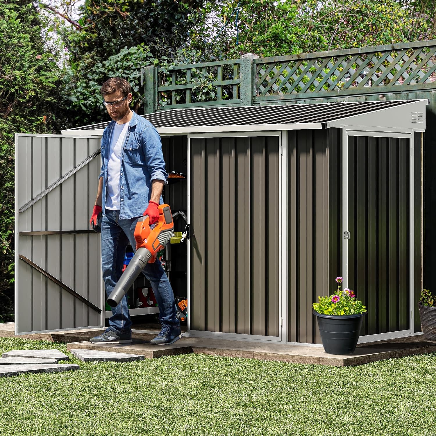 DWVO 7' x 4' Outdoor Storage Shed, Large Metal Tool Sheds, Heavy Duty Storage House with 3 Lockable Doors & Air Vent for Backyard Patio Lawn to Store Bikes, Tools, Lawnmowers, Dark Gray