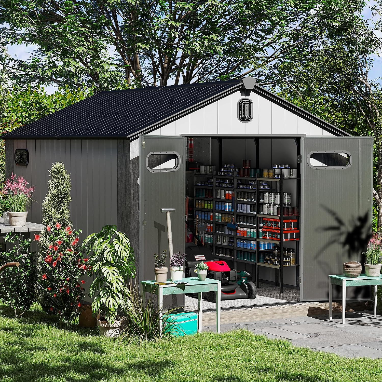 Domi 8x14 FT Outdoor Resin Storage Shed, All-Weather Double-Wall Storage Building with Lockable Doors and Ventilated Roof, Ideal for Lawn Tools, Bikes, Mowers, and Pool Equipment, Grey