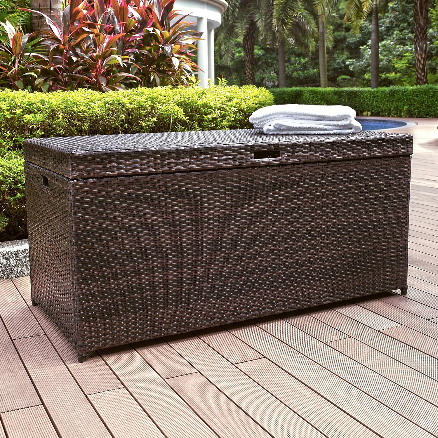 Crosley Furniture Palm Harbor Wicker Outdoor Storage Box for Patio Furniture Cushions and Pool Floats, Brown