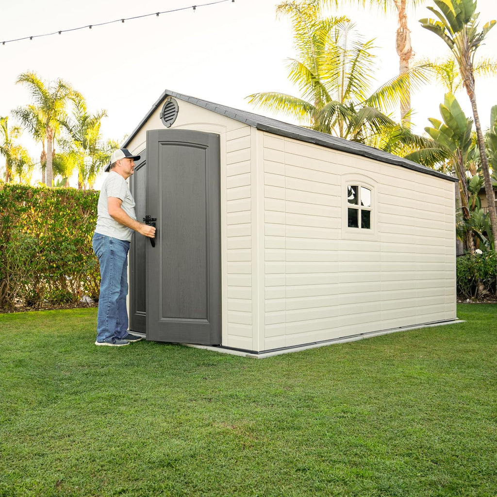 Lifetime Outdoor Storage Shed, 8x15 Ft, Desert Sand, Resin Backyard Tool Shed with Lockable Doors and Weather-Resistant Panels