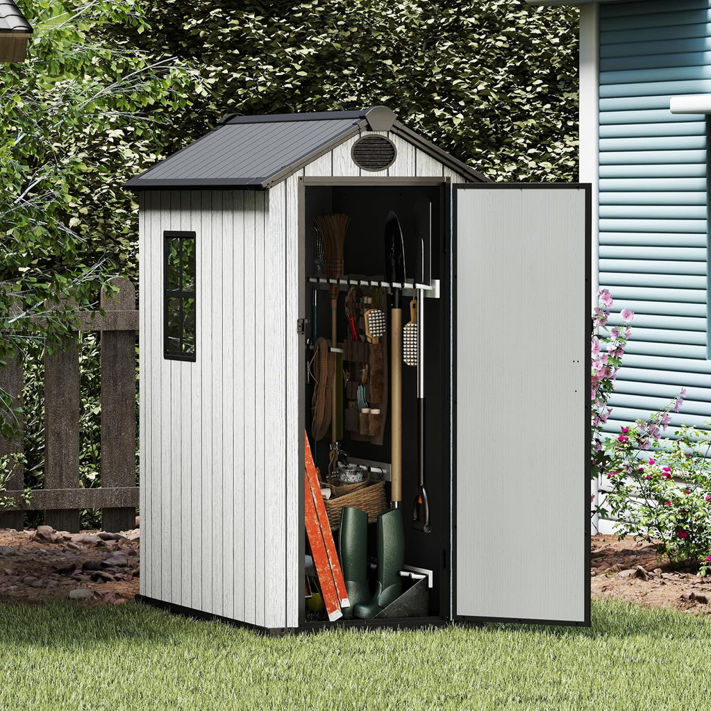 ZYJOYY 3x5 FT Outdoor Storage Shed Resin Garden Tool Shed with Lockable Doors & Slooping Roof, Plastic Shed with Floor for Garden, Backyard, Patio, Grey