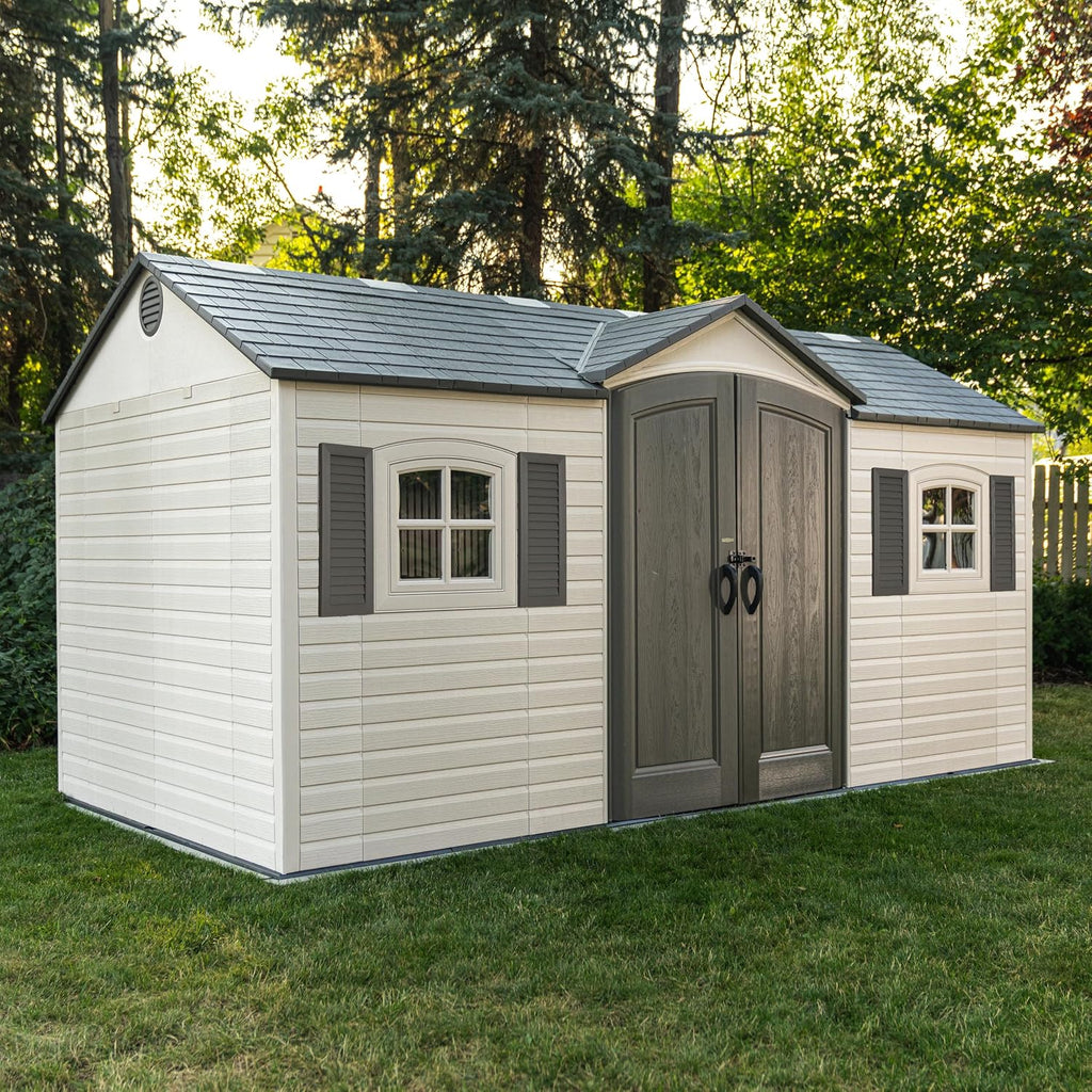 Lifetime Outdoor Storage Shed, 15x8 Ft, Desert Sand, Resin Backyard Tool Shed with Lockable Doors and UV-Protected Panels