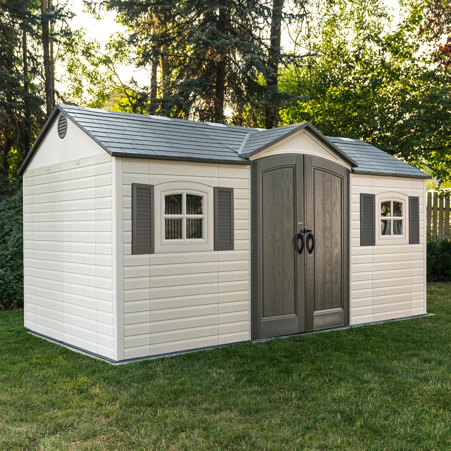Lifetime Outdoor Storage Shed, 15x8 Ft, Desert Sand, Resin Backyard Tool Shed with Lockable Doors and UV-Protected Panels