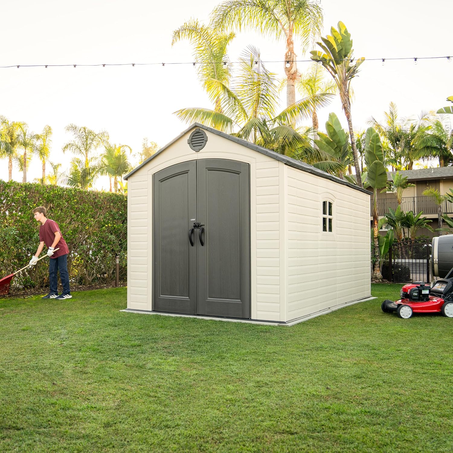 Lifetime Outdoor Storage Shed, 8x15 Ft, Desert Sand, Resin Backyard Tool Shed with Lockable Doors and Weather-Resistant Panels