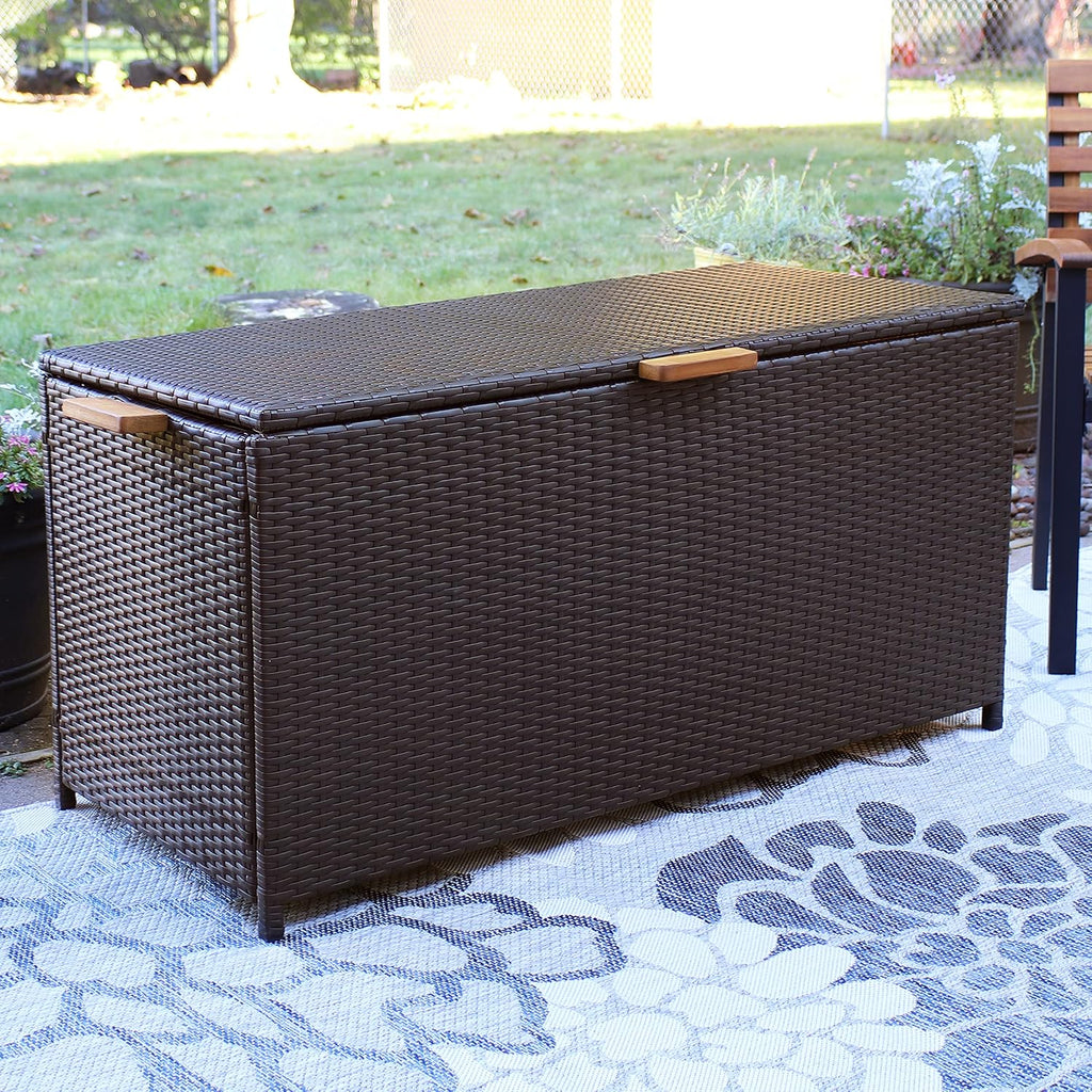 Sunnydaze Faux Wicker Storage Box - Outdoor Deck Box with Handles - 75-Gallon Front Door Package Delivery Box with Hinged Lid - Brown
